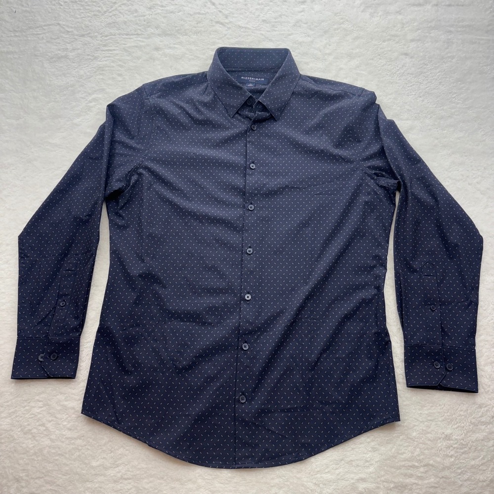 Mizzen+Main Leeward Mens Trim Fit Performance Dress Shirt Navy Blue Dot Large